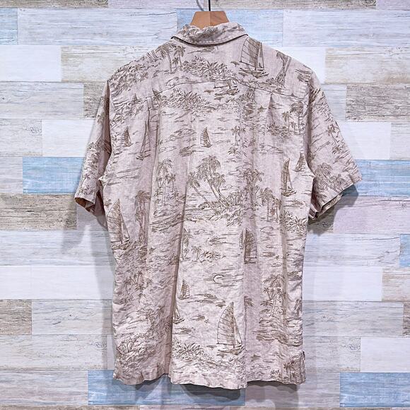 Lands End Vintage 90s Linen Tropical Island Print Shirt Beige Hawaii Mens Medium - Picture 3 of 6